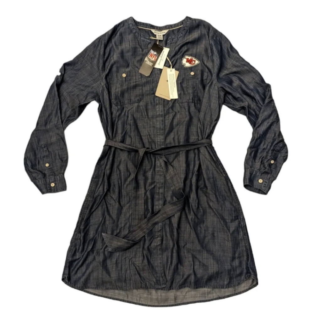 NWT Tommy Bahama KC Chiefs Blue Chambray Buttoned Belted Shirt Dress Medium